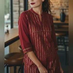 BIBA Red/Gold Embroidery Boho Tunic Global Sz Small Vibrant Festive Party